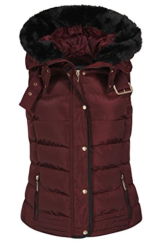 Womens Quilted Bodywarmer Coat Puffer Faux Fur Hooded Winter Vest Jacket Gilet_JKT139_Wine_L