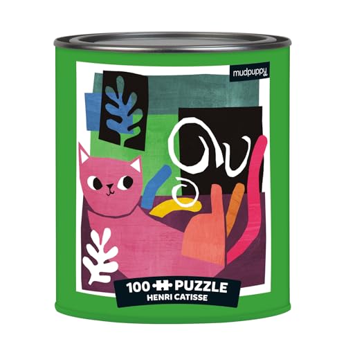 Mudpuppy Henri Catisse Artsy Cat Puzzle Tin, 100 Pieces, 12”x12” – Perfect Family Puzzle for Ages 6+ - Colorful Feline Portraits Inspired by Great Artists – Paint Can Package - Fun Indoor Activity