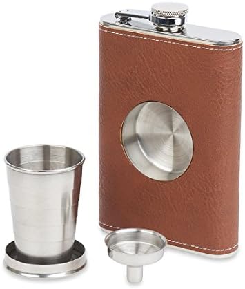 New Scale 8oz Brown PU Leather flask with Telescopic Cup Insert in Black Gift Box Set Premium with Funnel and 2 Cups Stainless Steel and 100% Leak Proof for Discrete Liquor Shot Drinking