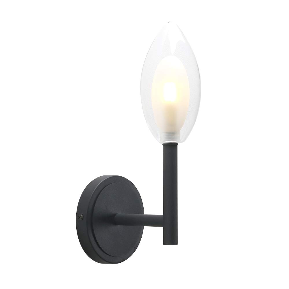 Phansthy Simple Modern Style Sconces Single-Head Wall Light Straight Pole Transparent 9cm Diameter 14cm High Egg-Shaped Inner Glass Lampshade Wall Lamp (Black)