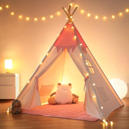 besrey Children's Play Tent Indian Canvas Teepee Cotton with Padded Mat and Fairy Lights (Pink and White)