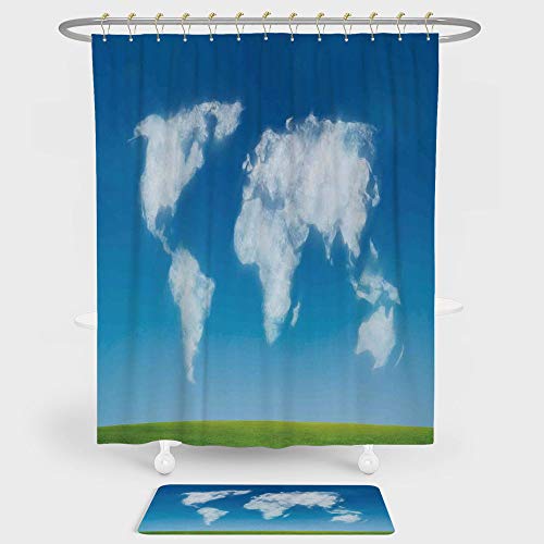 World Map Shower Curtain And Floor Mat Combination Set Graphic Design of Shaped Clouds in the Sky with Colors Nature Art Print Decorative For decoration and daily use Blue Green White