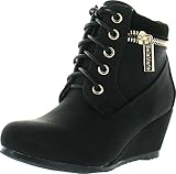 Kids Girls Sally31 Gold Zipper Decor Faux Nubuck Lace Up Wedge Ankle Boot Booties