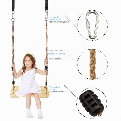 KINSPORY Children's Wooden Swing Outdoor Wooden Swing with Adjustable Hemp Rope - For Indoor and Outdoor Use, Maximum Load 130 kg