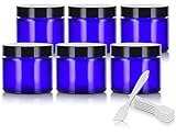 Cobalt Blue Glass Straight Sided Jar - 2 oz / 60 ml (6 pack) + Spatulas and Labels