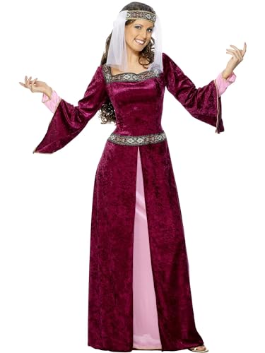 Smiffys Maid Marion Costume, Burgundy with Dress & Headpiece, Historical Fancy Dress, Medieval Dress Up Costumes Halloween
