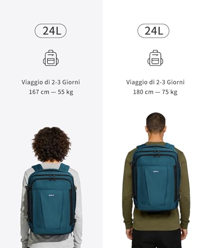 ECOHUB Ryanair Travel Backpack 40 x 30 x 20 cm, 13 Pockets Hand Luggage Under the Seat Handle Eco Friendly Airplane Bag in Recycled PET 24 Litres, Patented (Blue Green)