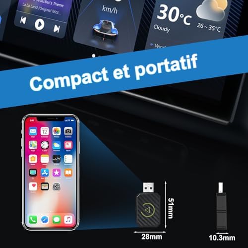Adaptateur CarPlay sans Fil pour Apple iPhone, Adaptateur sans Fil carplay avec câble d'extension USB & USB-C/Type-C, Compatible avec Les Voitures à partir de 2016 et Phone iOS 10+