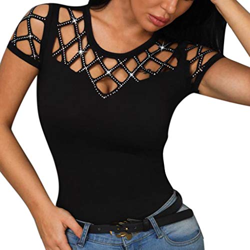 Sunhusing Ladies Sexy Hollow Hole Round Neck Short Sleeve Shiny Beaded Embellished Solid Color T-Shirt Top Black - Thumbnail 6