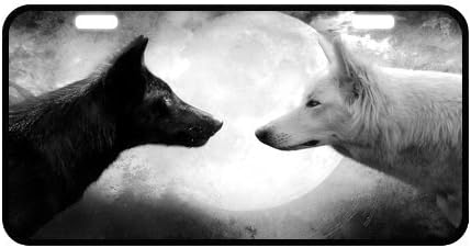 11.8" X 6.1" Durable License plate, Metal personalized car tag, Wolves' Love Under the Moon, Wild Animal Design car tag (2 Holes)