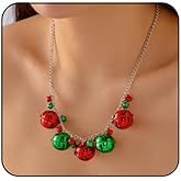 Fyvos Christmas Necklace Red Bells Bowknot Pendant Necklace Colorful Crystal Snowflake Necklace Christmas Festive Costume Jewelry Accessory for Women