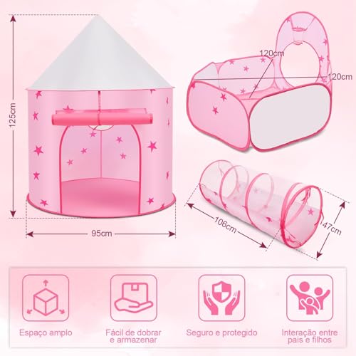 Barraca 3 Em 1 Rosa, Barraca 120*95/Piscina de Bolinha 120*120/Túne 106*47, Acampamento Jogos 3 em 1, Barraca Princesa, Brinquedoteca Casa Ar Livre, Tenda com Piscina de Bolinha（Não Vem com Bolinhas)
