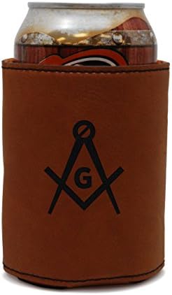 MODERN GOODS SHOP Leather Can Cooler With Freemason Symbol Engraving - Oil, Stain, and Water Resistant Beer Hugger - Standard Size Beer and Soda Can Sleeve