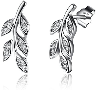 Sterling Silver Earrings, Rose Gold Plated Cubic Zirconia Leaf Stud Earrings for Women Girls