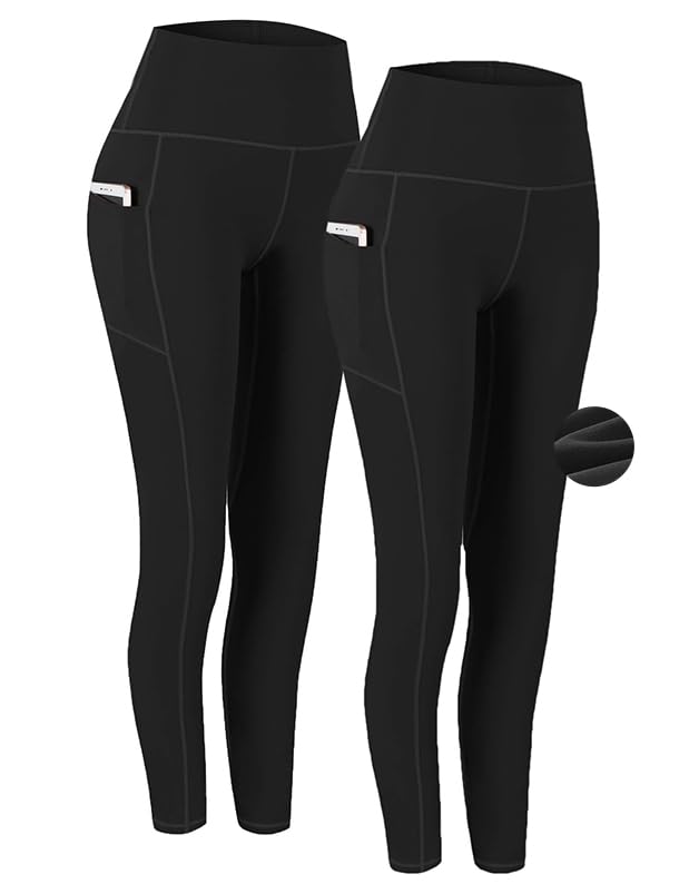 Fengbay 2 Pack Fleece Lined Leggings with Pockets, Yoga Pants Tummy Control Workout Running Yoga Leggings for Women Image