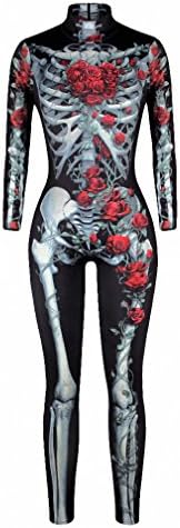 Adult Skeleton Halloween Black Bodysuit Women 3D Skulls Roses Rompers Womens Jumpsuit Tight Sexy Nightclubs Bodysuit BAX008 M