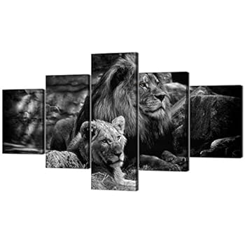 Yatsen Bridge Modern Lion and Lioness Canvas Wall Art 5 Panels Black and White Lions Painting Prints on Posters Easy to Hang for Home Decor - 70