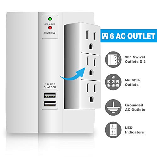 Wall Tap Surge Protector, Kasonic Top Power Strip 6 Power Outlets Plus 2 USB Ports Portable Wall-Mount Socket, Best Power Surge Protection Smart Charging for Home and Office (1 Pack)