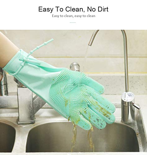 Dishwashing Gloves with Non-Slip Strap,Epartswide Magic Silicone Dishwashing Scrubber,1 Pair Versatile Reusable Silicone Gloves for Kitchen Cleaning/Pet Care/Washing The Car/Bathroom Bathing (Cyan)