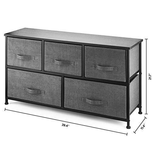 Dresser-Organizer-With-5-Drawers-Fabric-Storage-Chest-for-Bedroom-Hallway-Entryway-Closets-Nurseries-Furniture-Storage-Tower-Sturdy-Steel-Frame-Wood-Top-Easy-Pull-Handle-Textured-Print-Drawers