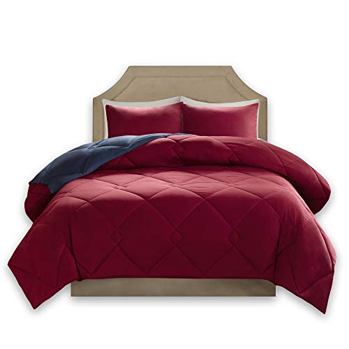 Comfort Spaces â€“ Vixie Reversible Goose Down Alternative Comforter Mini Set - 3 Piece â€“ Red and Navy â€“ Stitched Geometrical Diamond Pattern â€“ Full/Queen Size, Includes 1 Comforter, 2 Shams