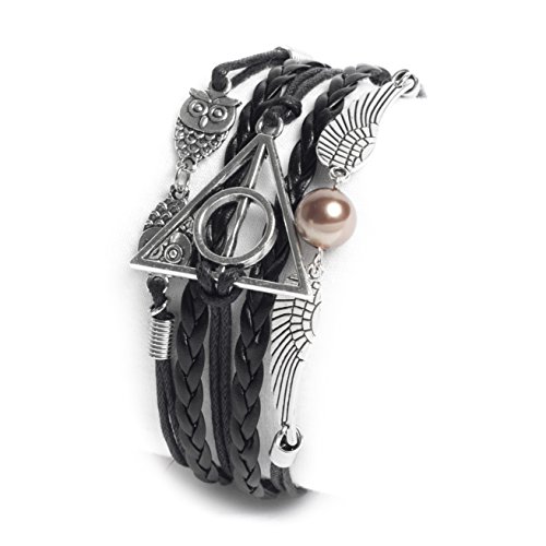 Alloy Harry Potter Deathly Hallows Golden Snitch Owl Black Synthetic Leather Bracelet