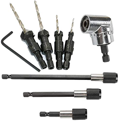 Ginode 4PCS Wood Drill Woodworking Countersink Chamfer + 3PCS Magnetic Screwdriver Nut Drill Bit Holder Extension Kit + 1PC 105 Degree Right Angle Driver