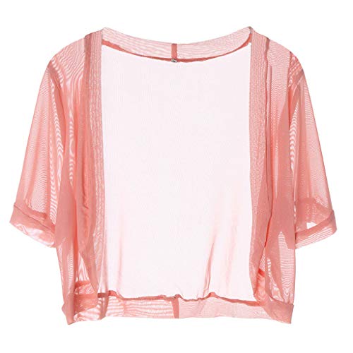 Summer Womens Tops Semi Sheer Short Sleeve Corp T-Shirt Chiffon Solid Basic Shrug Open Front Bolero Cardigan Tops Pink