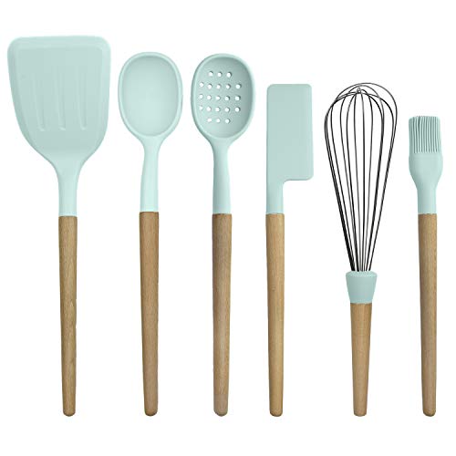Country-Kitchen-6-pc-Non-Stick-Silicone-Utensil-Baking-Set-with-Rounded-Wooden-Handles-for-Cooking-and-Baking-Mint-Green