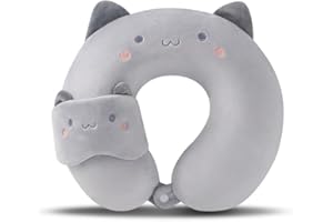 MISSSOUL Kids Neck Pillow for Travel with Sleep Eye Mask, Cute Travel Neck Pillow, Memory Foam Flight Sleeping Headrest Pillow for Boys & Girls, Airplane, Train, Car, Home Use - Grey Cat
