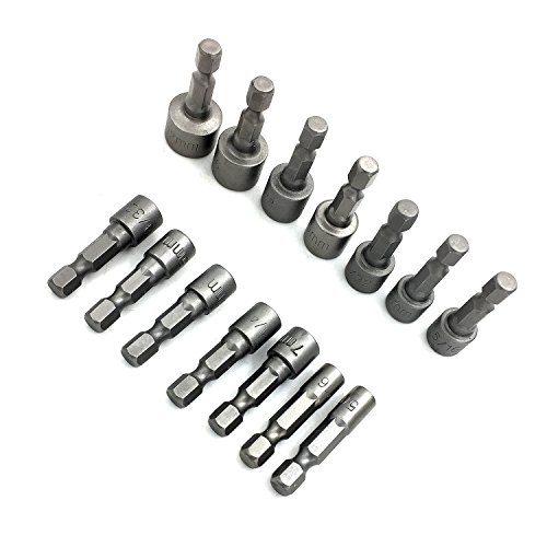 ZRAMO 14-Piece Lot of 1/4" 3/16 9/32 inch Hex Power Nut Driver Drill Bit Set Socket Bit Adapter Metric Socket Strong Sleeve for Wrench Screw H Power Nut Driver Bit Set with Detents (quick-change)