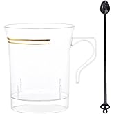 Nervure 60 Pack Clear Gold Plastic Coffee Mugs with 60 PCS Black Coffee Stirrers - 8oz Disposable Coffee Cups with Handles & 5inch Coffee Stirrers - Plastic Tea Cups with Gold Rim for Party