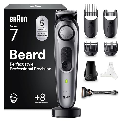 Braun Barttrimmer Series 7, Kabelloser Bartschneider Herren, BT7420, Grau - Bart Rasierer mit 40 Längen, Trimmer mit 100 Min. Akku, Wasserdicht, 8 Ext