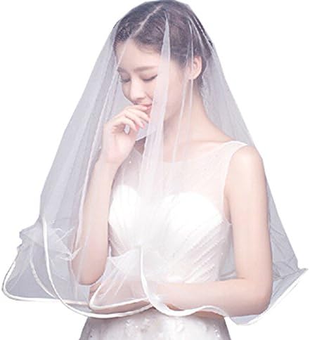 Qunvian White Double Ribbon Edge Center Cascade Bridal Wedding Veil