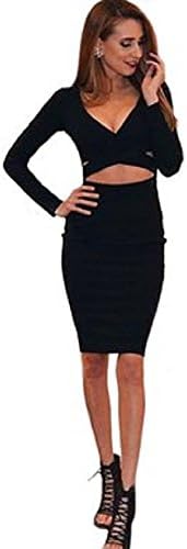 Mosearon Womens Sexy Long Sleeve Cut-Out Bandage Bodycon Clubwear Midi Dress (Black)