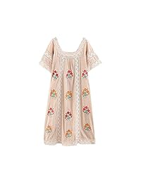 R.Vivimos - Vestido de verano para mujer, manga corta, floral, bordado, encaje, holgado, bohemio, de lino y algodón