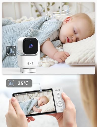 GHB Baby Monitor Video and Audio 5 Inch 720HD 168 Hours Battery Life Screen, 350° Rotating Camera, Temperature Detection, Two-Way Intercom, VOX, Night Vision