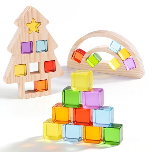 Woodtoe Wooden Building Blocks Set for Kids, Rainbow & Christmas Tree Wood Frame - 24 PCS Acrylic Gem Cubes Stacking Blocks, Montessori Stacking Toys, Educational Christmas Game for Toddlers 3-6