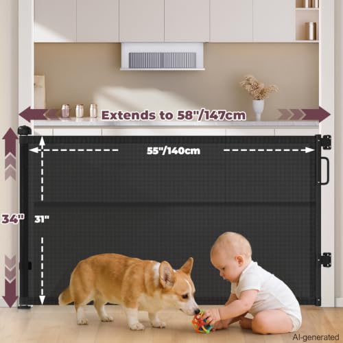 Cideny Retractable Baby Gates for Doorway, 58" Wide Mesh Dog Gate for Stair | 34" Tall Toddler Pet Gate Extra Wide Indoor and Outdoor, Easy Install, Essential for Home Safety, Black