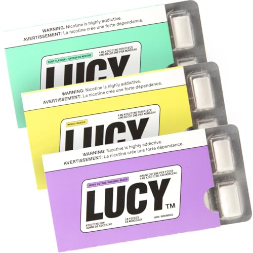LUCY™ Nicotine Gum 4mg, 90 Count, Mint, Mango, Berry Citrus - Canada NPN# 80108821 - NRT Stop Smoking Aid, Reduce Withdrawal Symptoms & Cravings