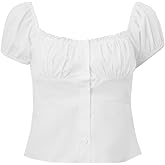 FlyCC Women Square Neck Button Down Shirts Short Puff Sleeve Dressy Casual Blouse Tops Going Out Summer Tops