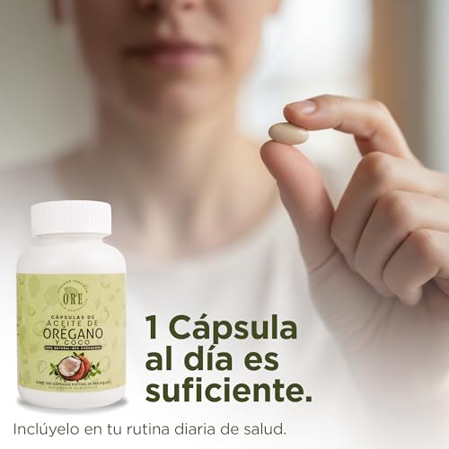 ORE Aceite de Orégano y Coco, 100 Cápsulas Softgel, 500 mg, Suplemento Natural, Orgánico, Aceite de Orégano con 80% Carvacrol y Aceite de Coco