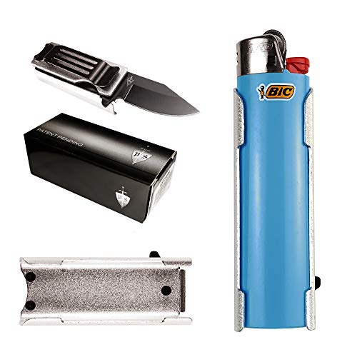 Lighter Holder With Spring Assist Knife, For BIC Lighter Holder Only (Lighter Not Included) (Silver)