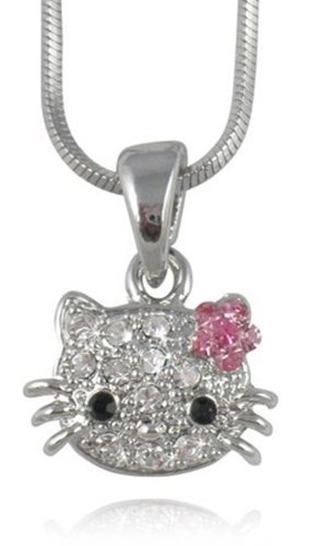 Small Adorable 1/2" Crystal Kitty Pendant and Necklace with Pink Flower Bow Silver Tone for Girls Teens