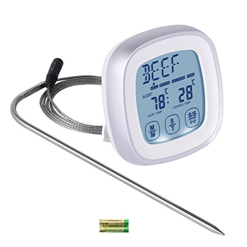 Digital Kitchen Cooking Food Meat Thermometer for BBQ Grill Oven Smoker Built-in Clock Timer with Stainless Steel Probe ((Battery Included)
