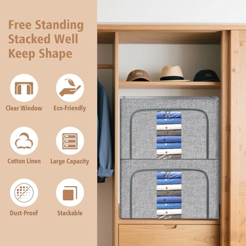 Eyeleaf Storage Bags with Zips, 3PCS Linen Clothes Storage Bag 24L 66L 100L Large Storage Bags Foldable with Metal Frame Lid Clear Window Durable Handles for Clothes Bags (66L)