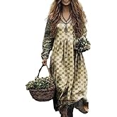 Women’s Boho Floral V-Neck Maxi Dress Long Sleeve Vintage Loose Fit Dress for St Patrick’s Day Casual Holiday Wear