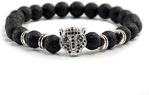 JEWH Silver Gold Leopard Head Crystal Zircon Bracelet Volcanic Rocks Black Lava Natural Stone Beaded Buddha Bracelets Pulseras Hombre (Silver spacers blackd)