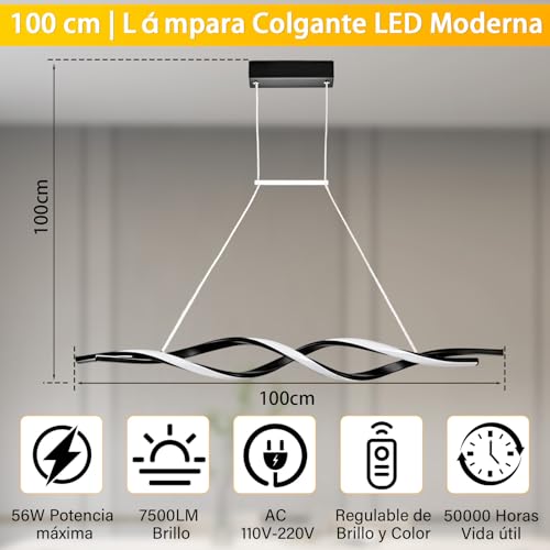 AUTOFAST Lampara de Techo Colgante 56W 100cm, Regulación Continua, Control Remoto, Diseño Ondulado Modernas, Lampara Colgante LED para Interior de Casas para Sala, Comedor, Recamara, Cocina