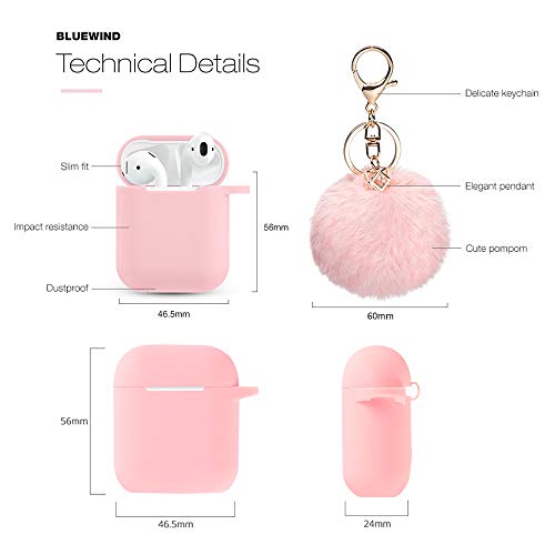 Airpods Case - BlUEWIND Drop Proof Air Pods Protective Case Cover Silicone Skin for Apple Airpods 2 & 1 Charging Case, Cute Fur Ball Airpod Keychain/Strap, Pink